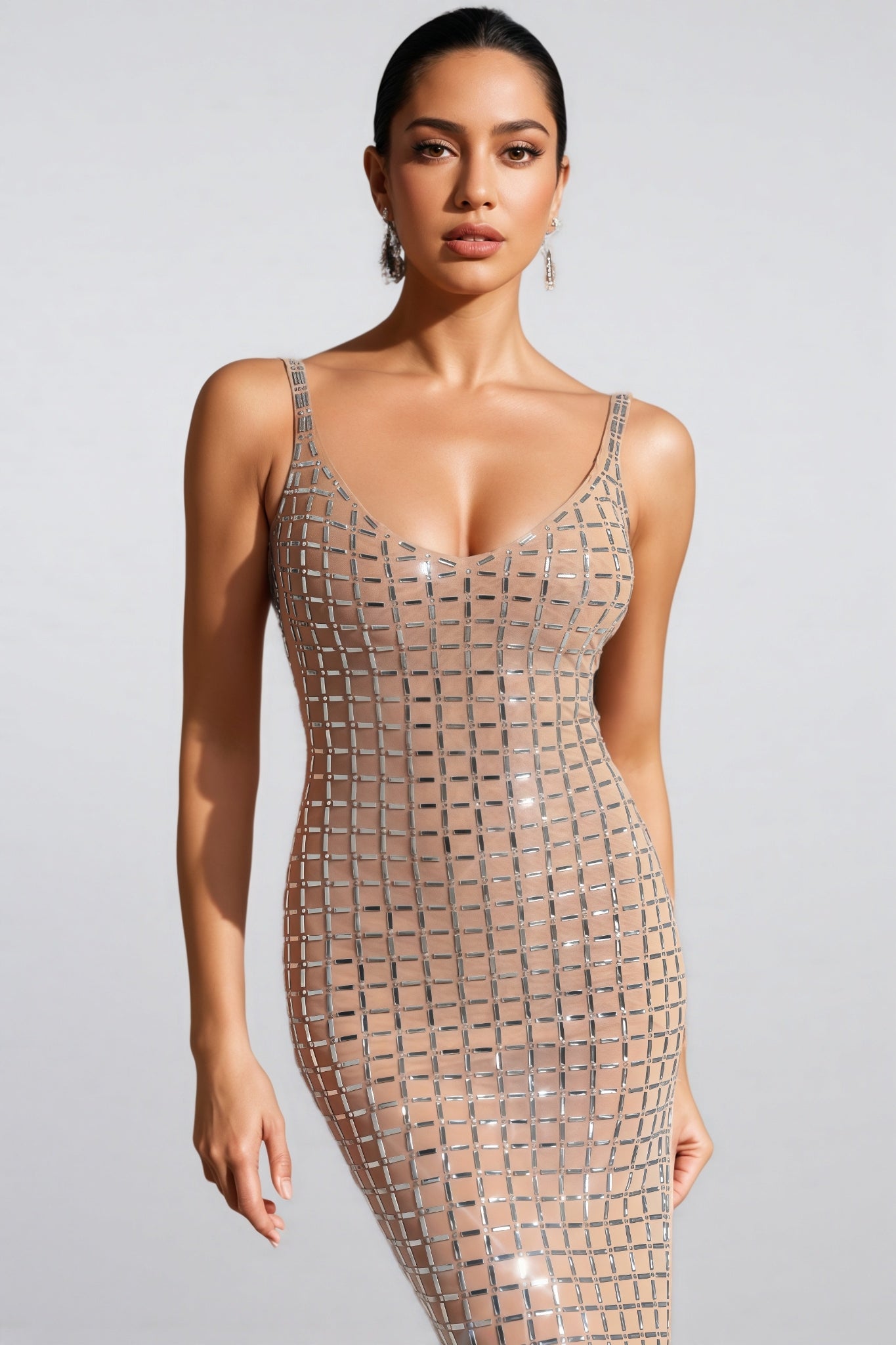 Rhinestone Grid Scoop Neck Spaghetti Strap High Split Bodycon Midi Dress