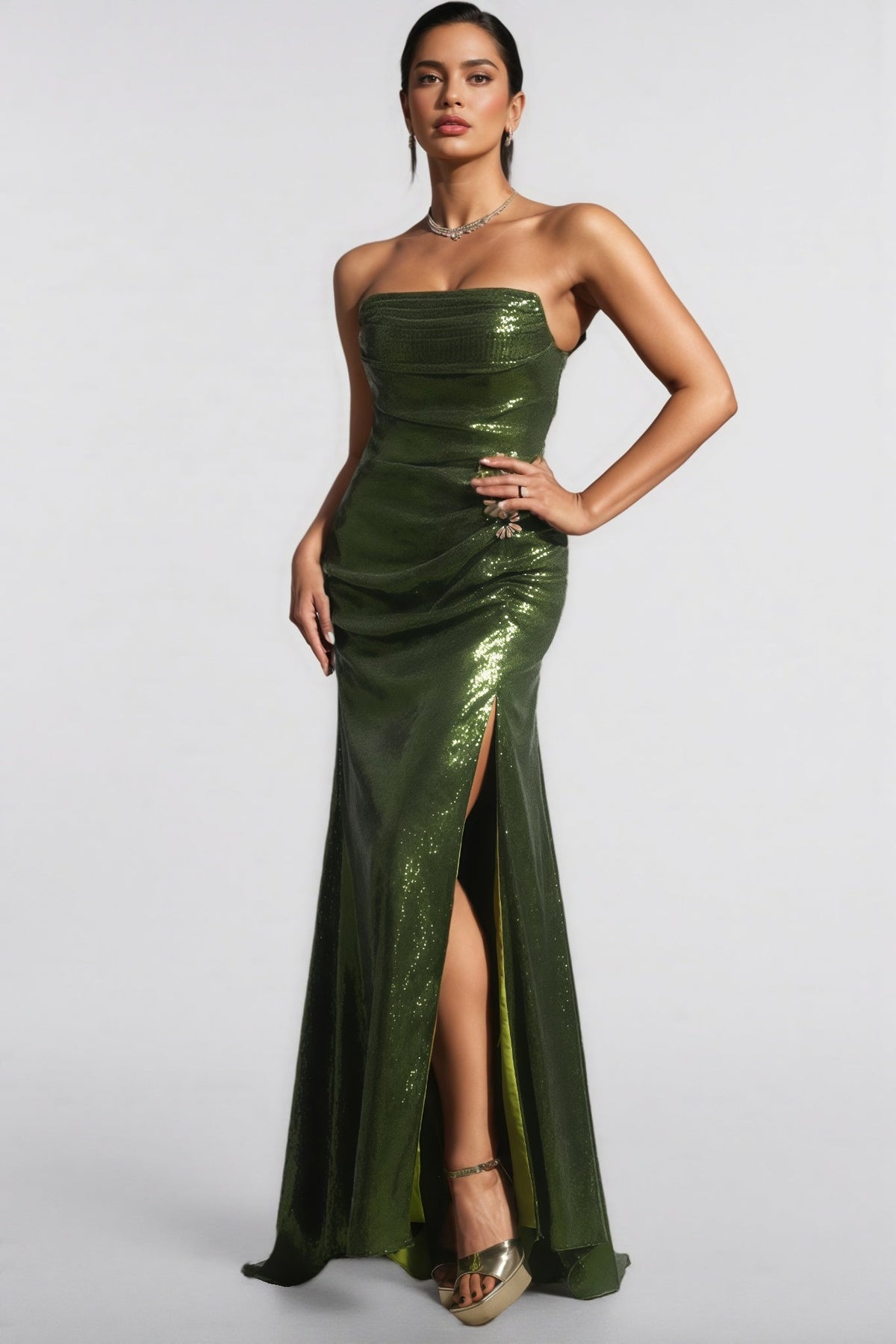 Sequin Strapless Ruched High Split Formal Maxi Gown
