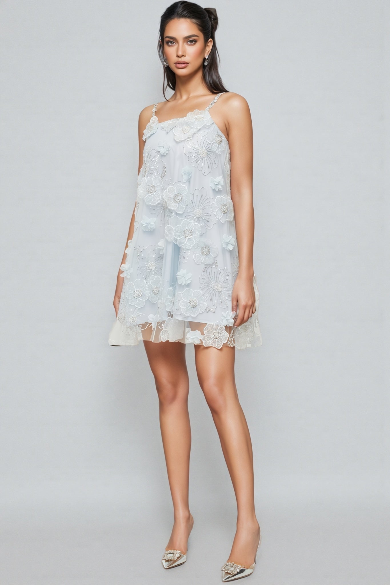 3D Floral Mesh Spaghetti Strap Beaded A-Line Mini Dress