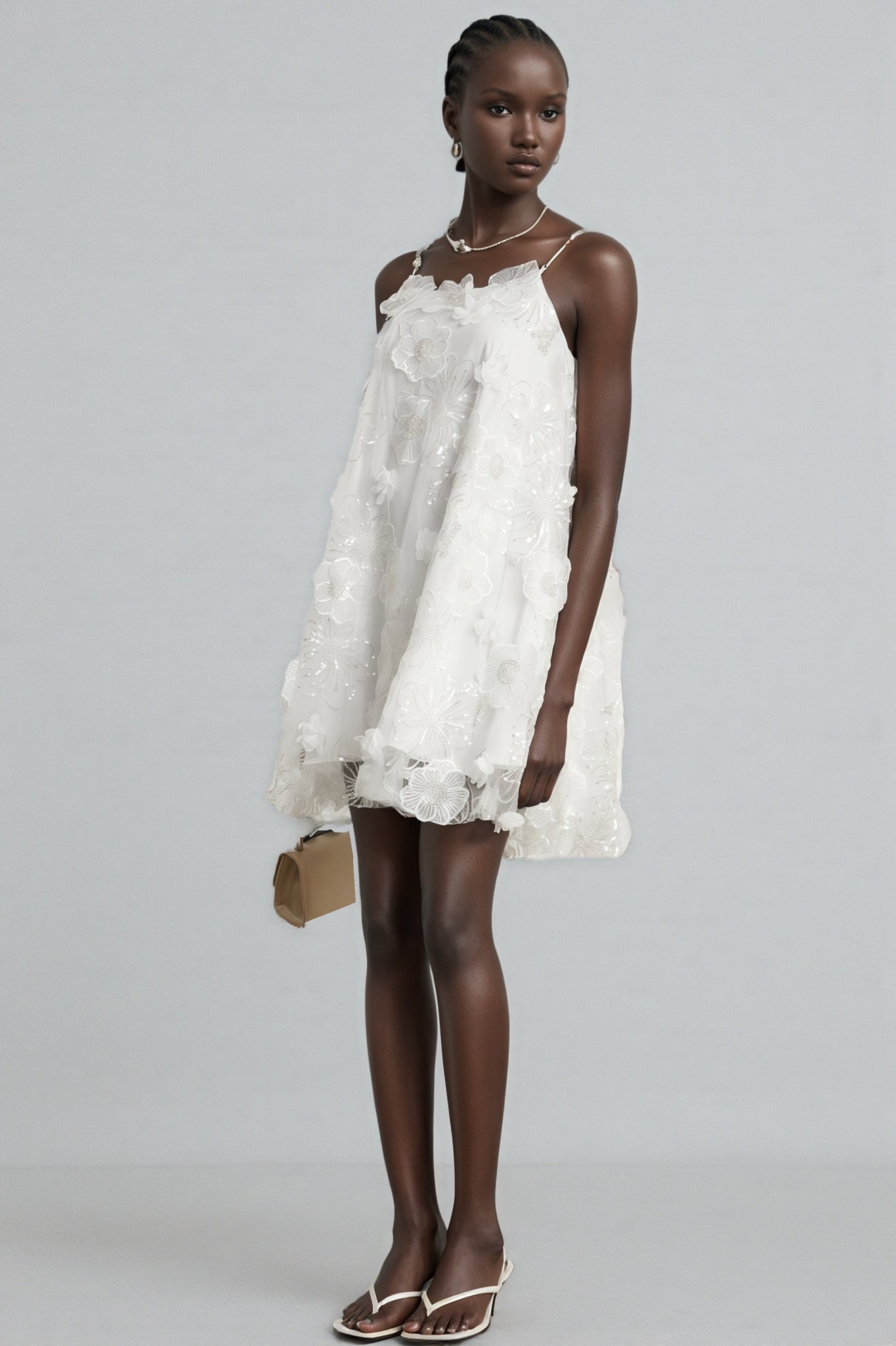 Darirke White Flower Sequin Mesh Mini Dress