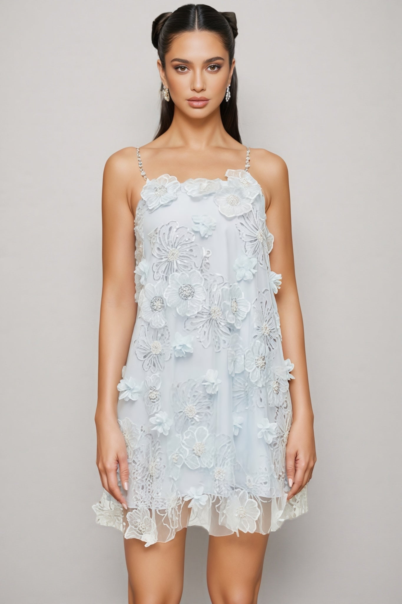 3D Floral Mesh Spaghetti Strap Beaded A-Line Mini Dress