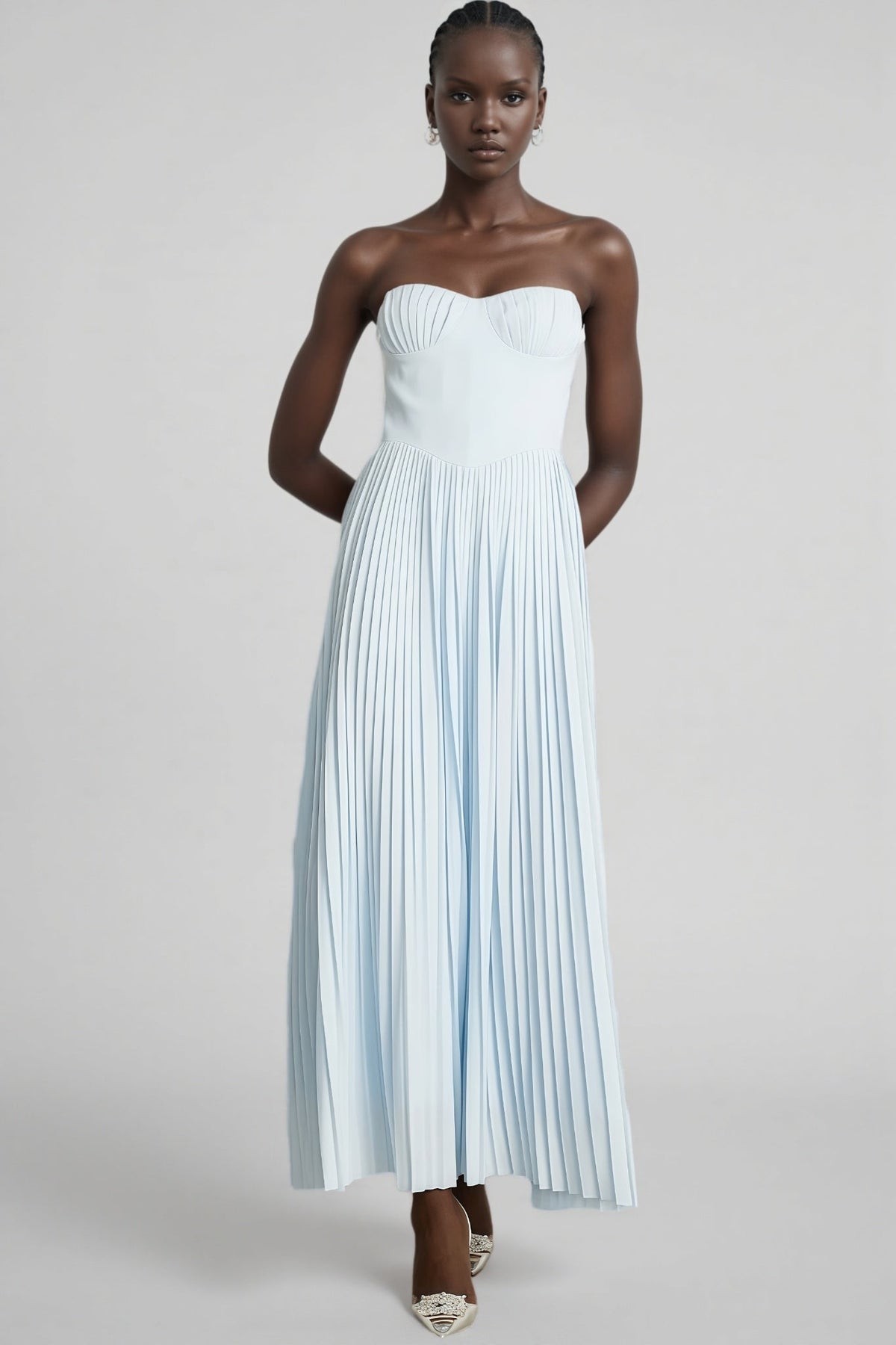 Strapless Sweetheart Corset Bodice Pleated A-Line Maxi Dress