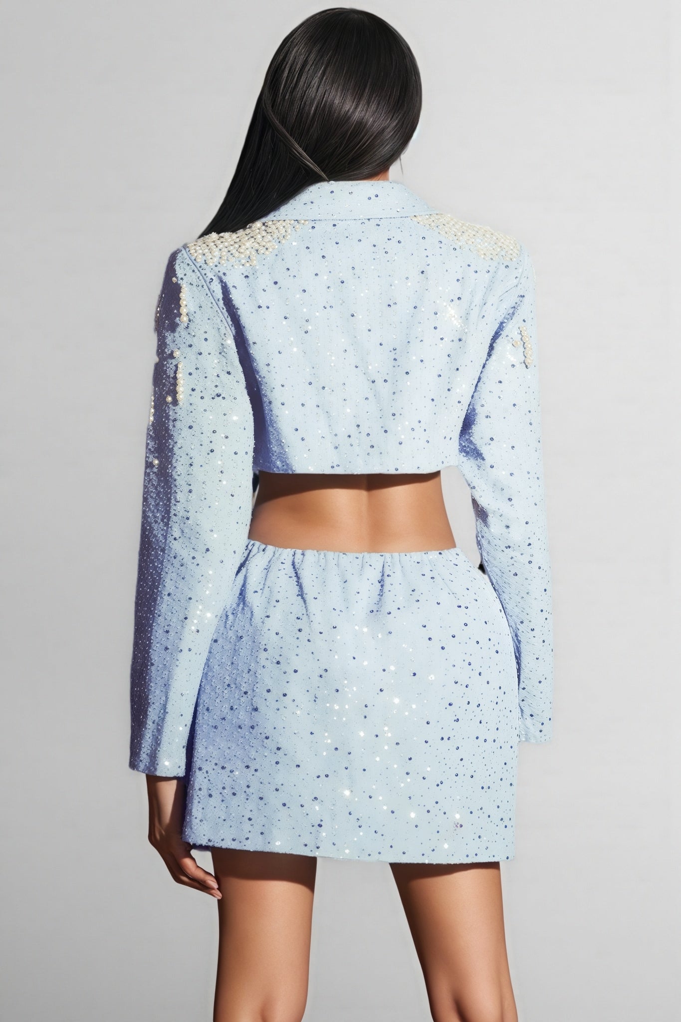 Pearl Embellished Double Breasted Cut Out Blazer Long Sleeve Mini Dress