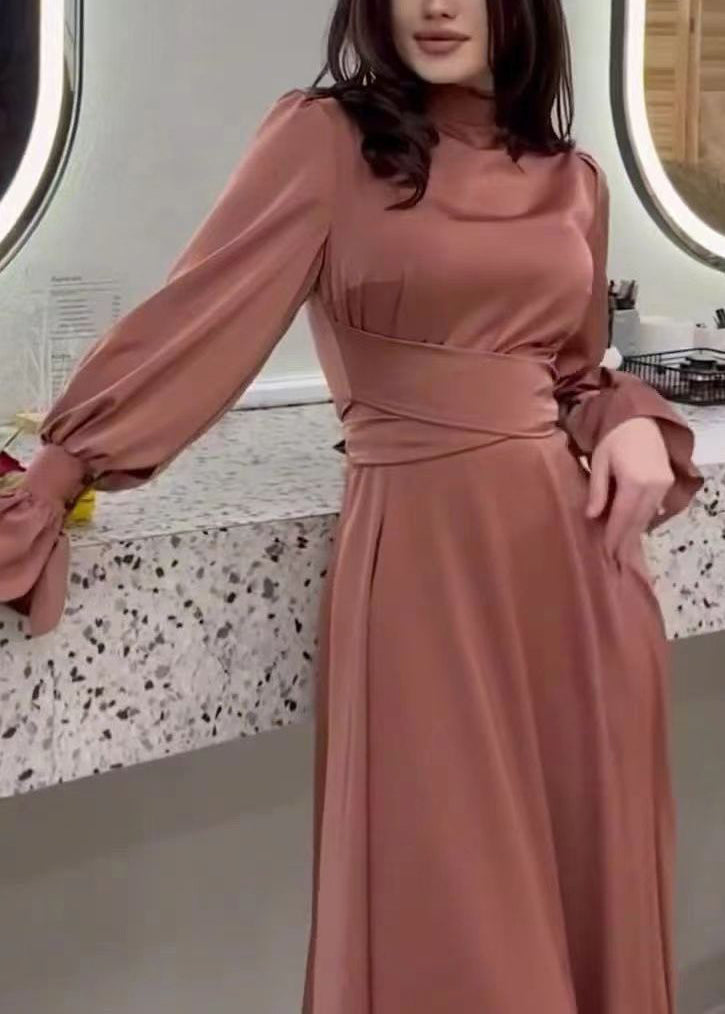 Satin Mock Neck Bishop Sleeve Wrap Tie Waist Floor Length Dress