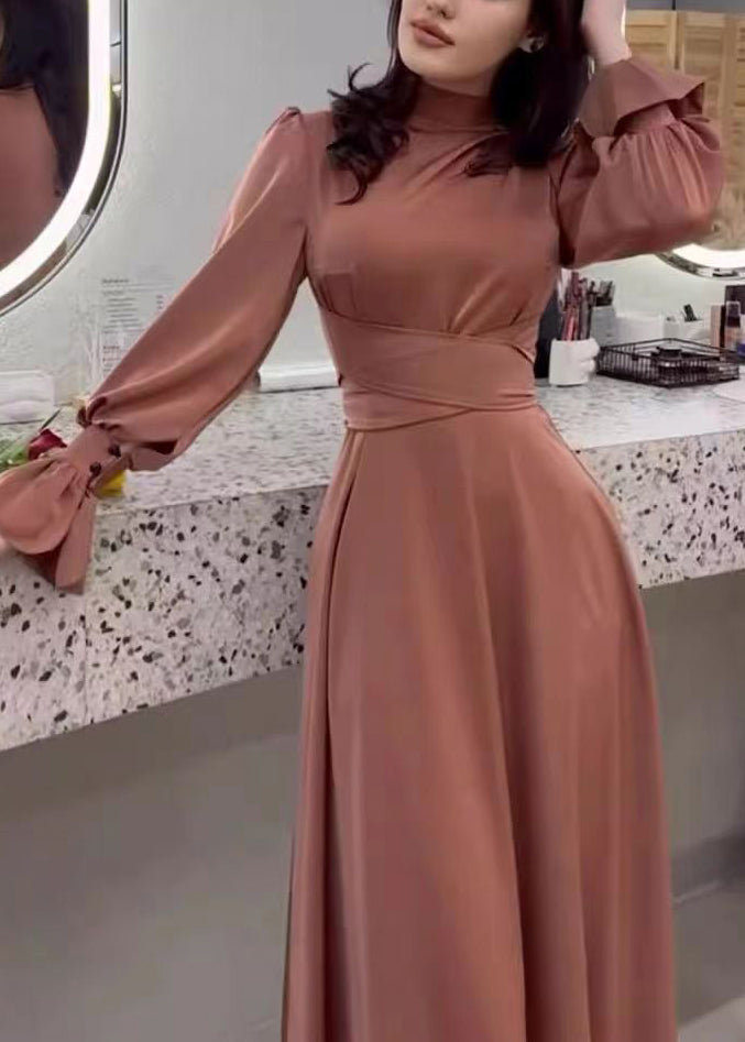 Satin Mock Neck Bishop Sleeve Wrap Tie Waist Floor Length Dress