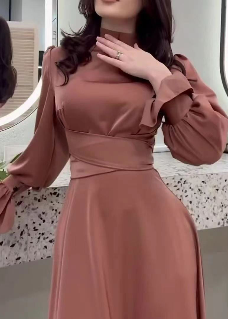Satin Mock Neck Bishop Sleeve Wrap Tie Waist Floor Length Dress