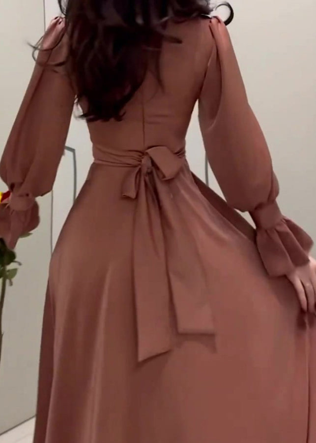 Satin Mock Neck Bishop Sleeve Wrap Tie Waist Floor Length Dress