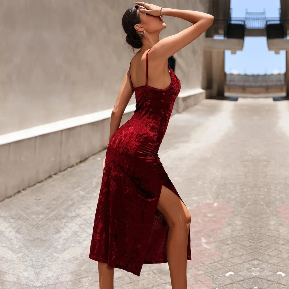 Velvet Halter High Slit Midi Dress