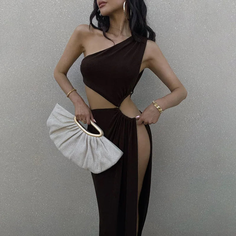 Hollow Oblique Commuter Oneshoulder Elegant Casual Midi Dresses