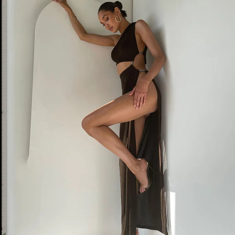 Hollow Oblique Shoulder Midi Dress