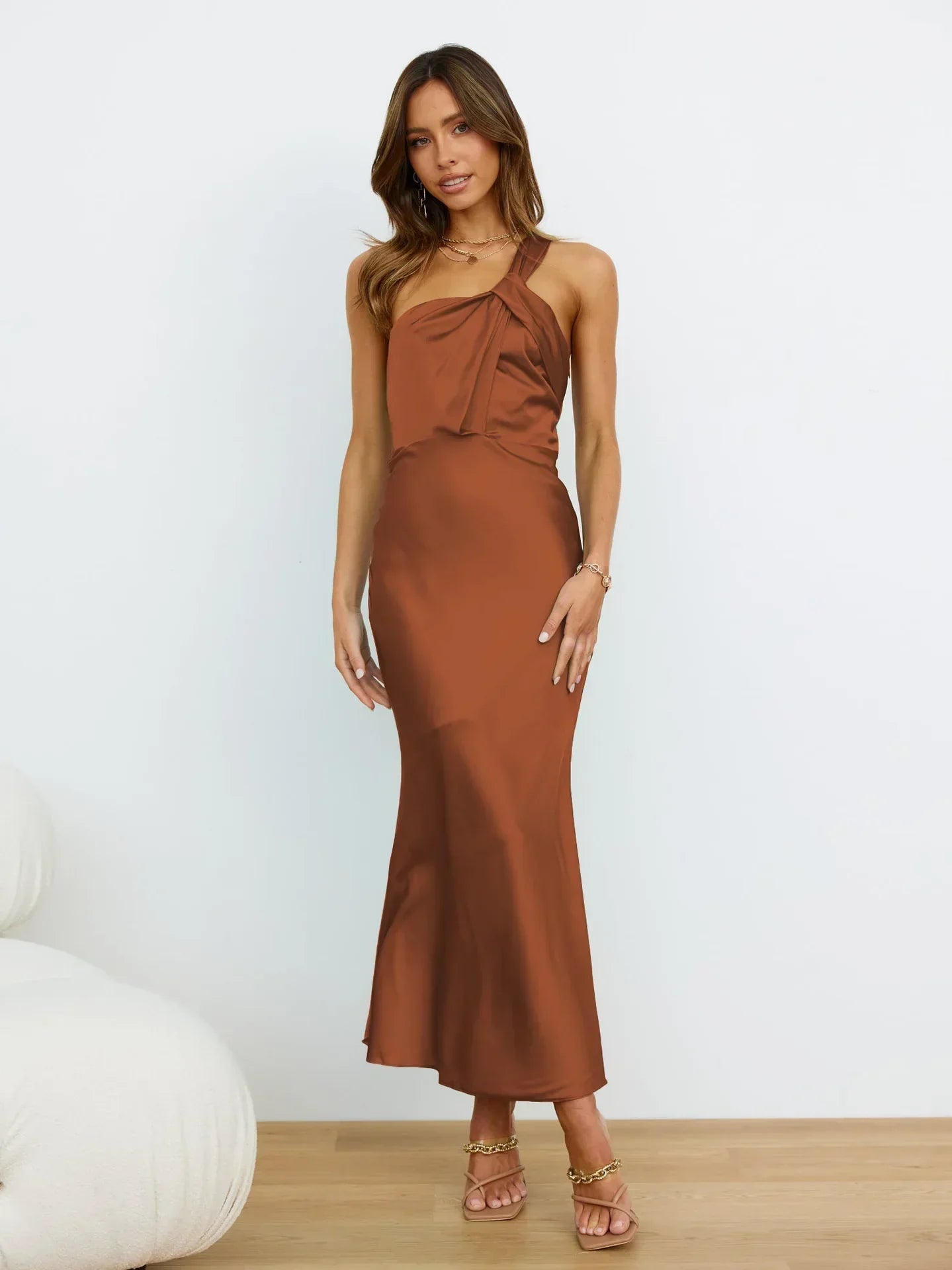 Satin One Shoulder Midi Dress - View 3