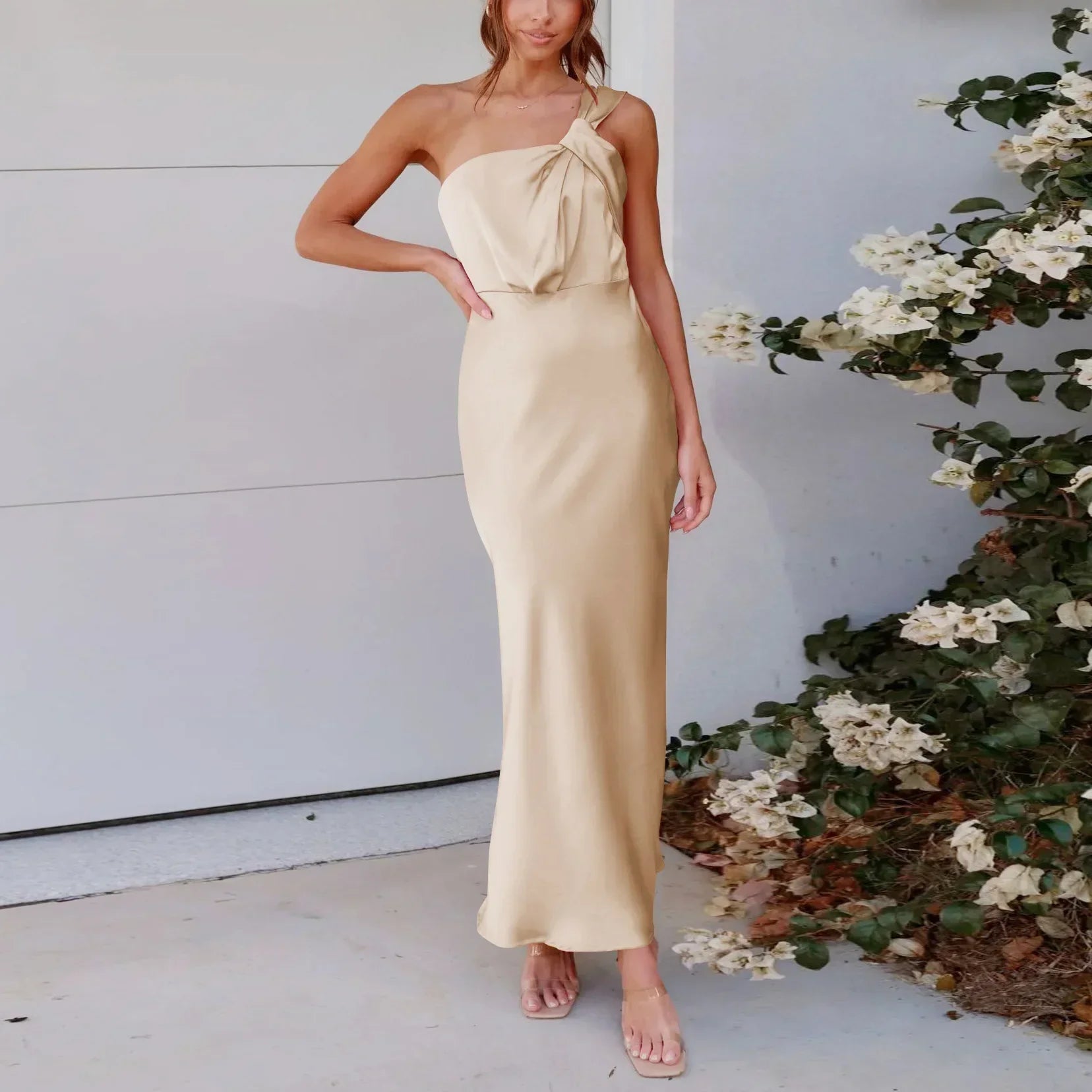 Satin One Shoulder Midi Dress