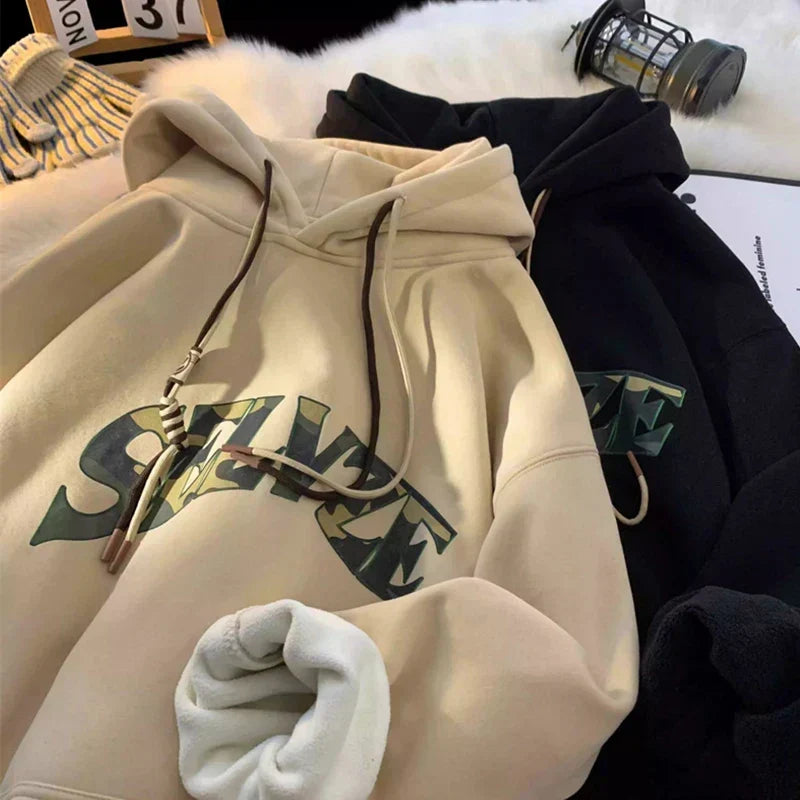 Camouflage Letter Print Fleece Lined Drawstring Hoodie