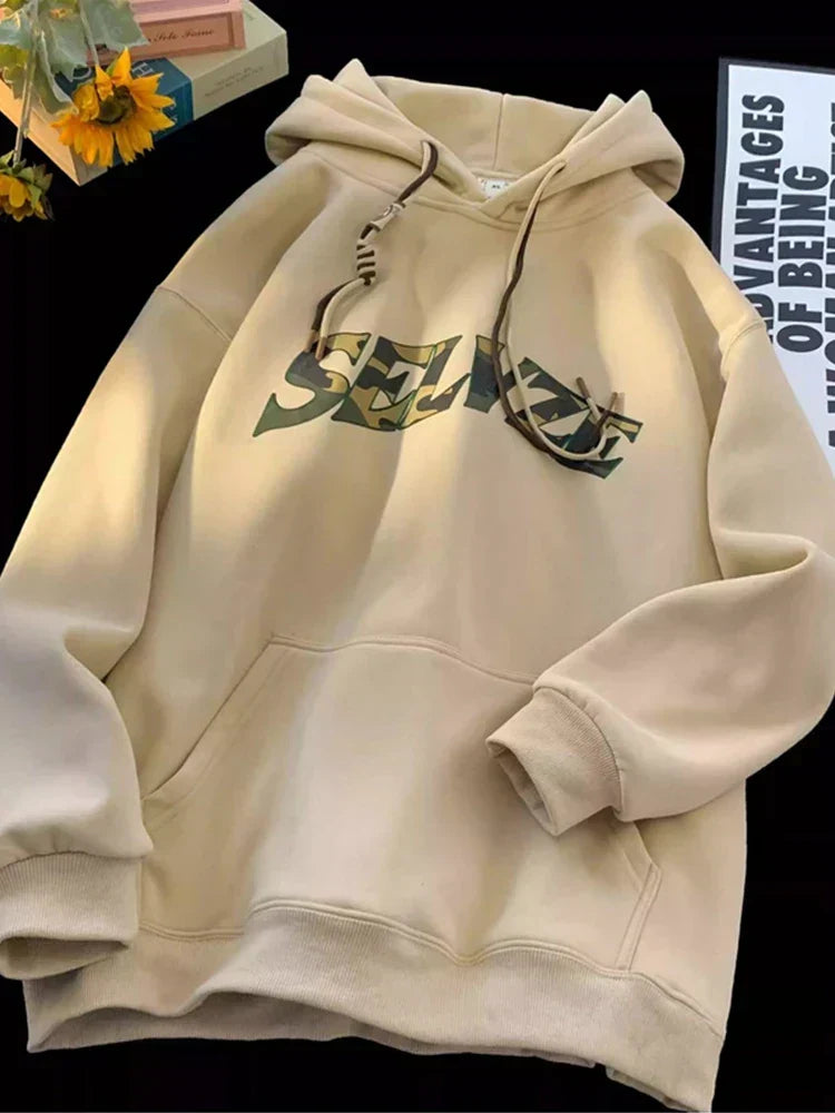 Camouflage Letter Print Fleece Lined Drawstring Hoodie 7