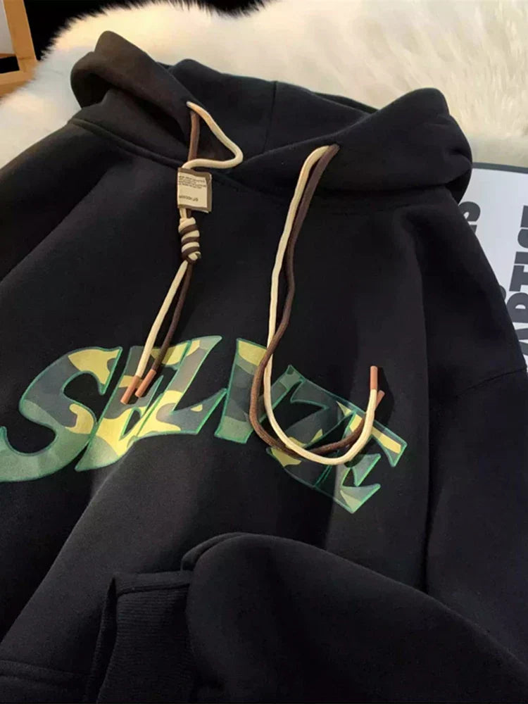 Camouflage Letter Print Fleece Lined Drawstring Hoodie 8