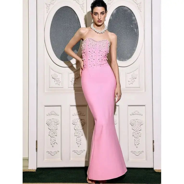 Strapless Faux Pearl Beaded Bodice Bandage Mermaid Maxi Dress