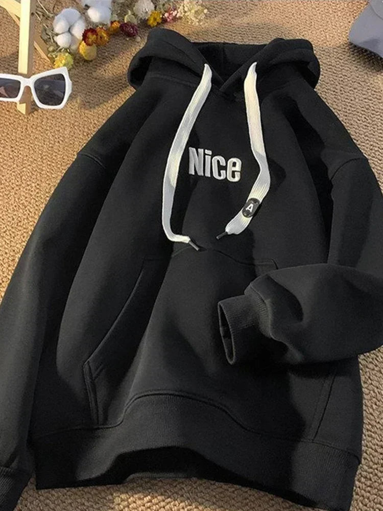 Nice Letter Embroidered Wide Drawstring Fleece Lined Hoodie 8