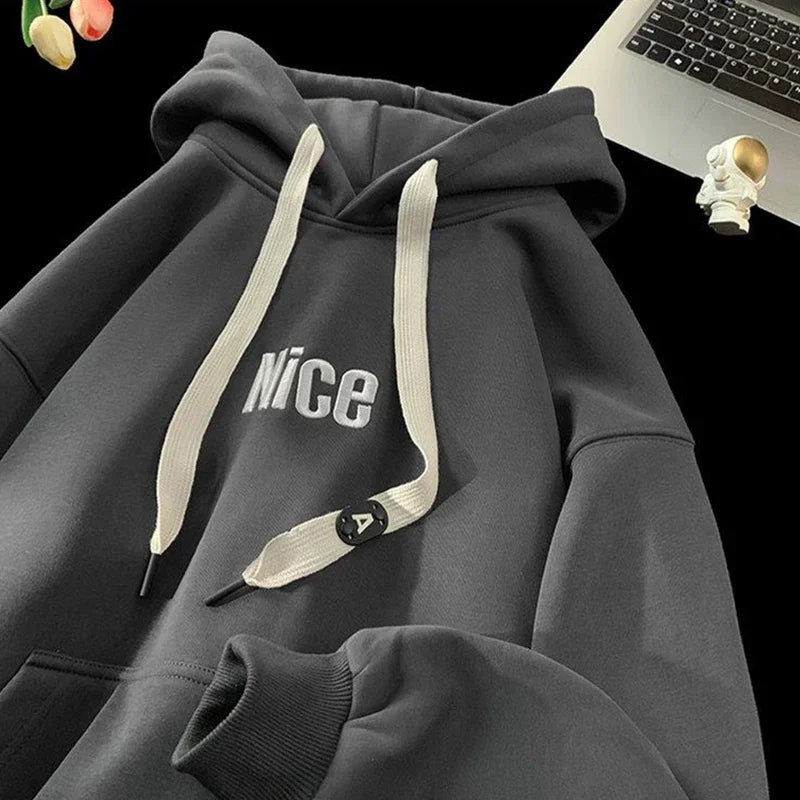 Nice Letter Embroidered Wide Drawstring Fleece Lined Hoodie 5