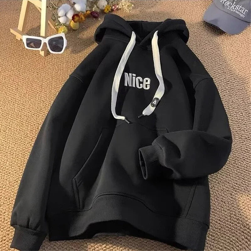 Nice Letter Embroidered Wide Drawstring Fleece Lined Hoodie 6