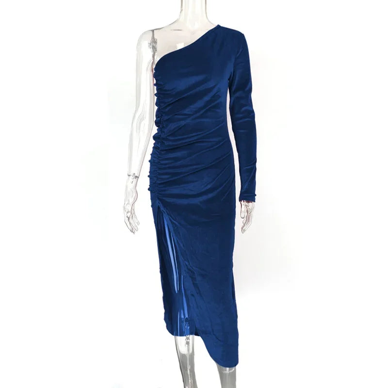 Halter Neck Backless Ruched Draped Asymmetric Bodycon Midi Dress