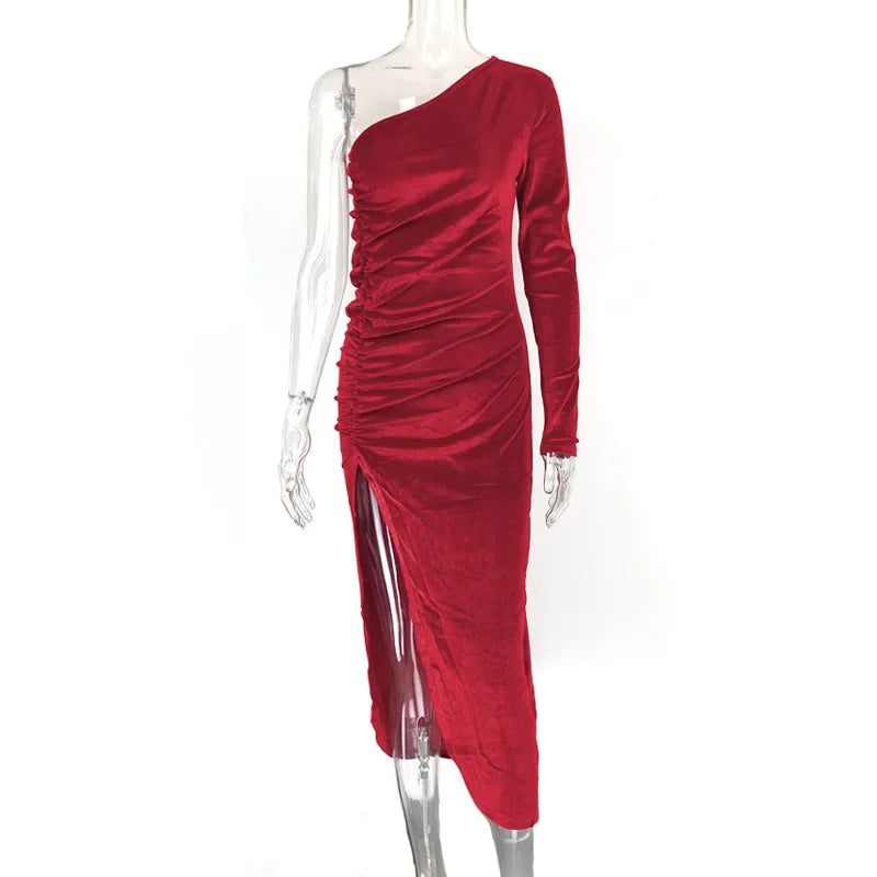 Halter Neck Backless Ruched Draped Asymmetric Bodycon Midi Dress