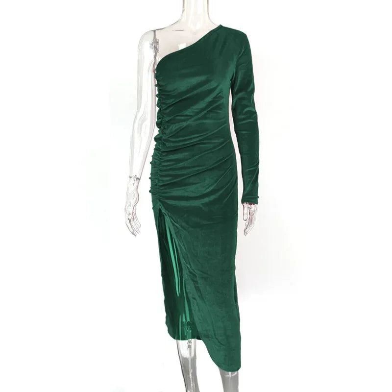 Halter Neck Backless Ruched Draped Asymmetric Bodycon Midi Dress