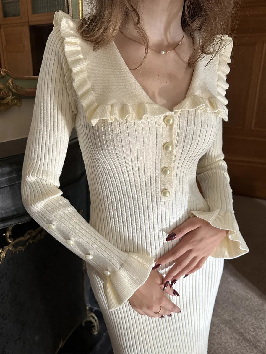 Ruffled Longsleeved Vintage Highwaisted French Creamy White Midi Dresses