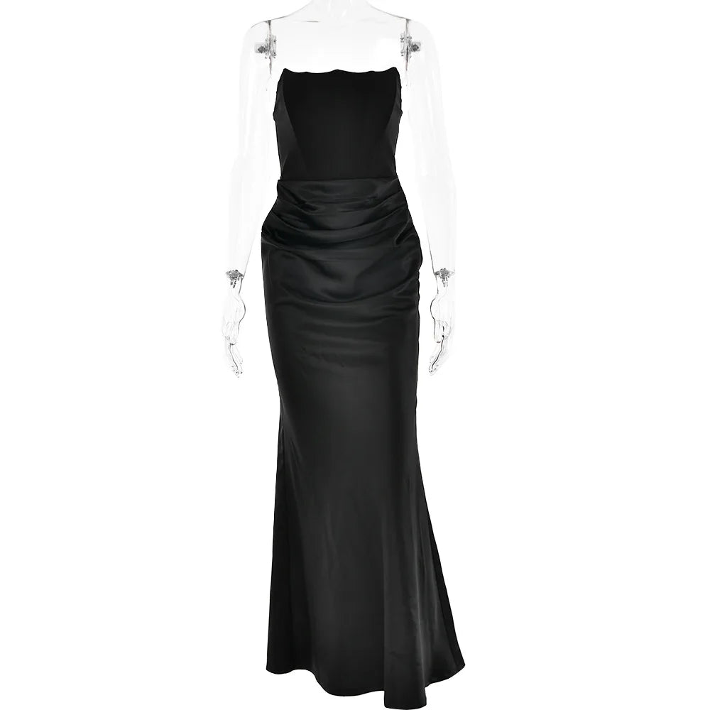 Strapless Corset Bodice Draped Waist Satin Mermaid Maxi Dress 7