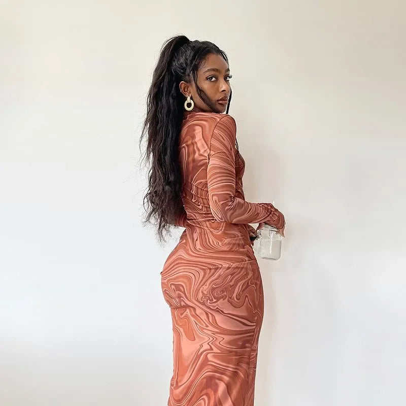 Marble Print Crew Neck Long Sleeve Bodycon Maxi Dress