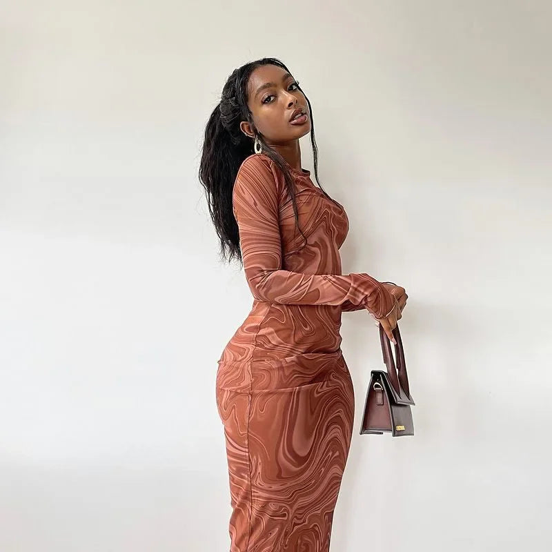 Marble Print Crew Neck Long Sleeve Bodycon Maxi Dress