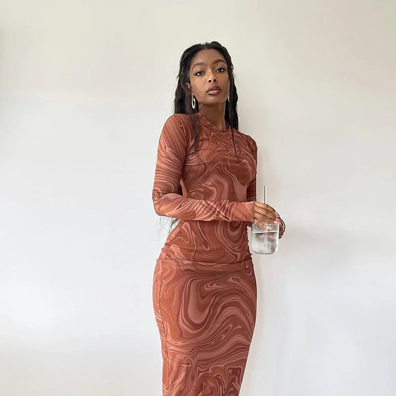 Marble Print Crew Neck Long Sleeve Bodycon Maxi Dress