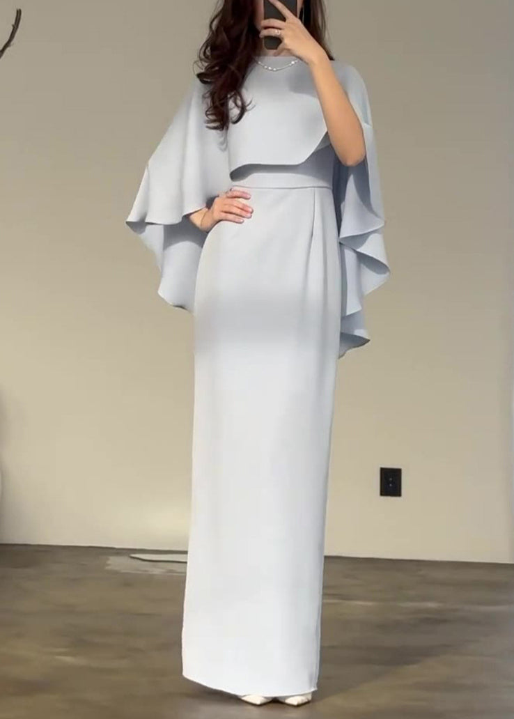 Cape Overlay Round Neck Column Floor Length Gown
