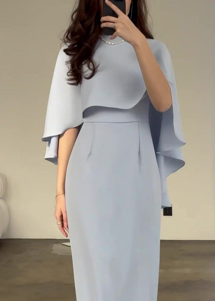 Cape Overlay Round Neck Column Floor Length Gown