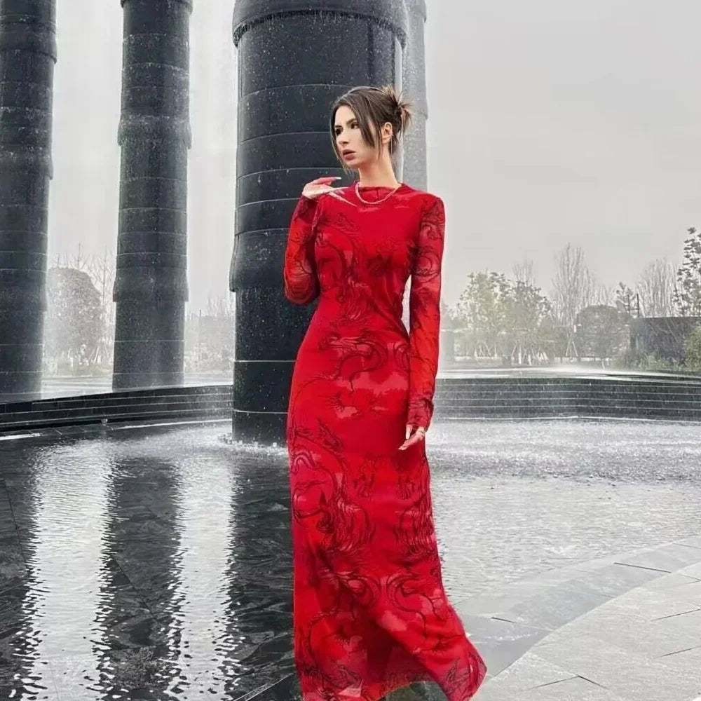 Versatile Limited Printed Screen Dress Fashion Style Year Loong Party Dress