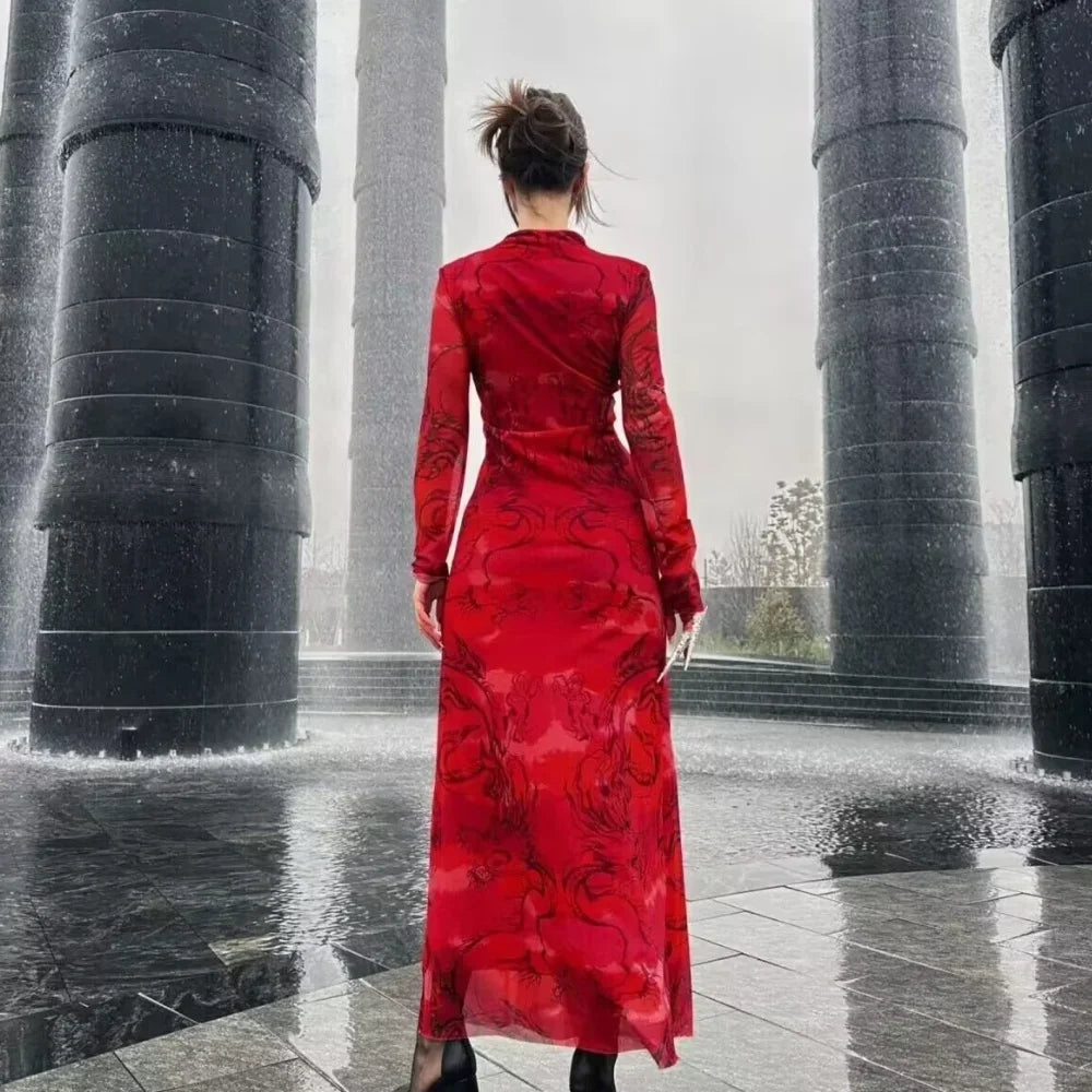 Versatile Limited Printed Screen Dress Fashion Style Year Loong Party Dress