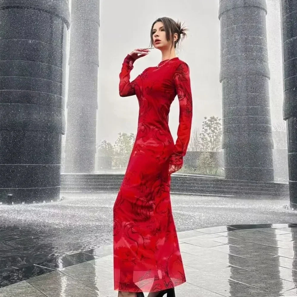 Versatile Limited Printed Screen Dress Fashion Style Year Loong Party Dress