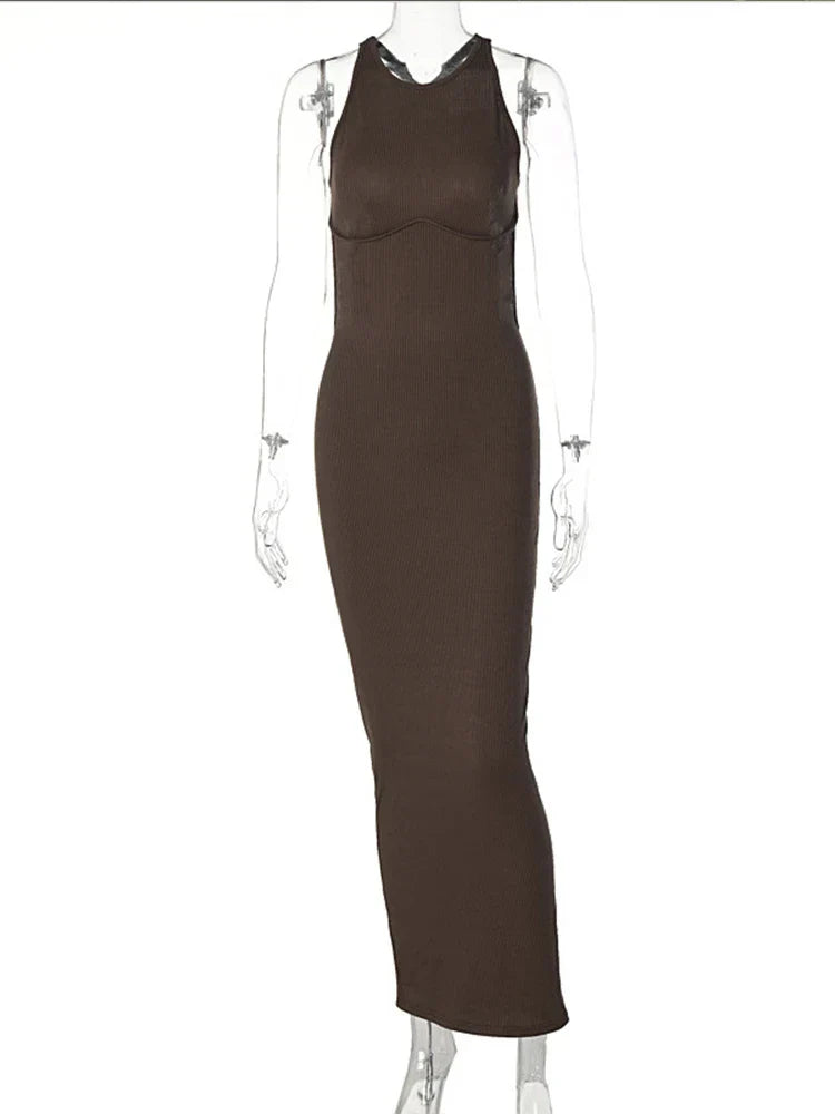 Mock Neck Sleeveless Cut Out Back Bodycon Knit Maxi Dress