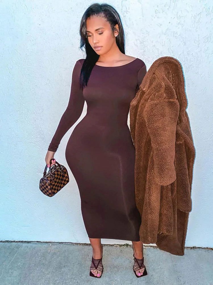 Scoop Neck Long Sleeve Backless Bodycon Midi Dress