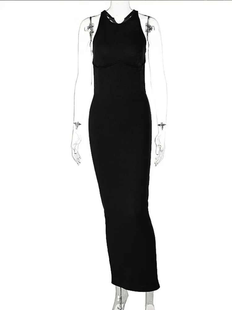 Mock Neck Sleeveless Cut Out Back Bodycon Knit Maxi Dress