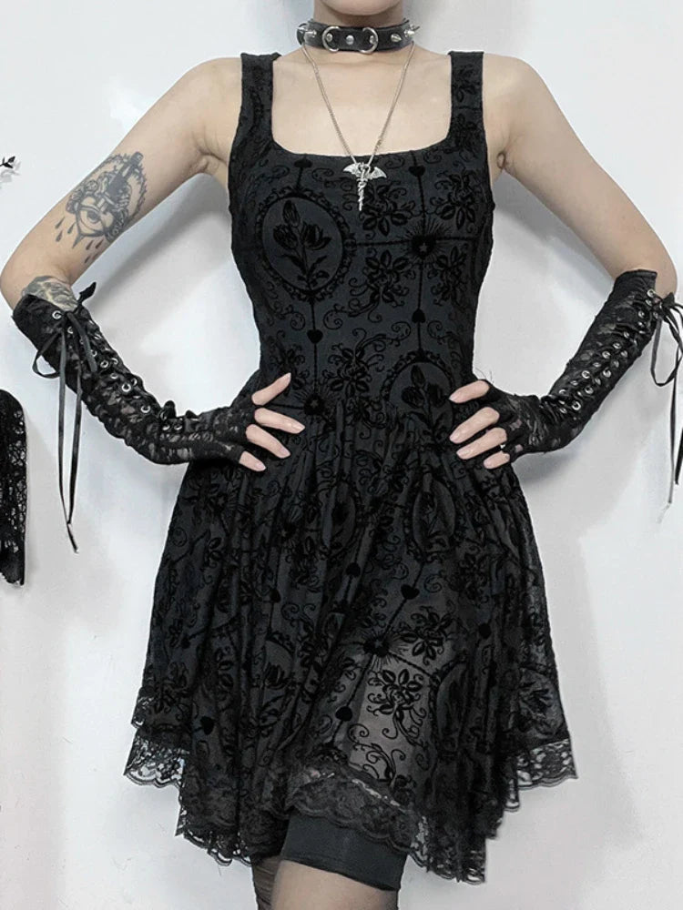 Summer New Harajuku Retro Wrapped Hip Mini Dress Y2K Vintage Gothic Punk Dark Style Tie Up ALine Dress