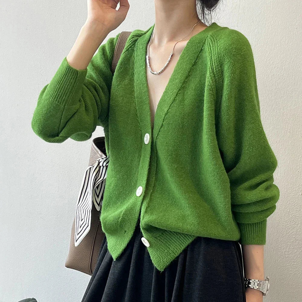 V-Neck Single Button Knitted Green Cape Women Sweater