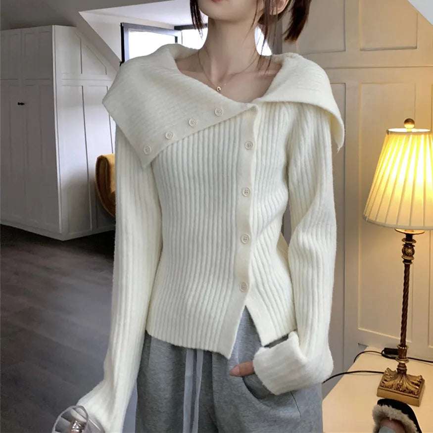 Off Shoulder Wide Fold Collar Asymmetric Button Ribbed Knit Sweater 5