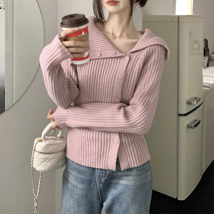 Off Shoulder Wide Fold Collar Asymmetric Button Ribbed Knit Sweater 6
