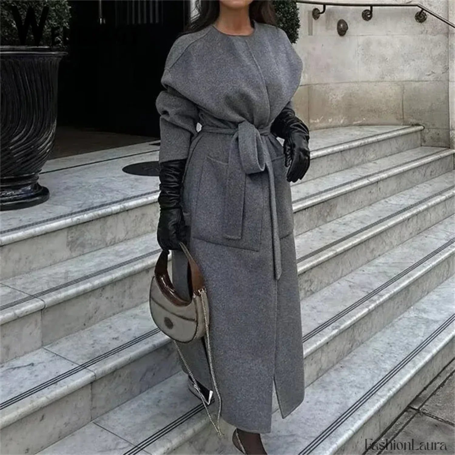 2024 Autumn Winter Women Elegant Lace-up Wool Blends Long Coats