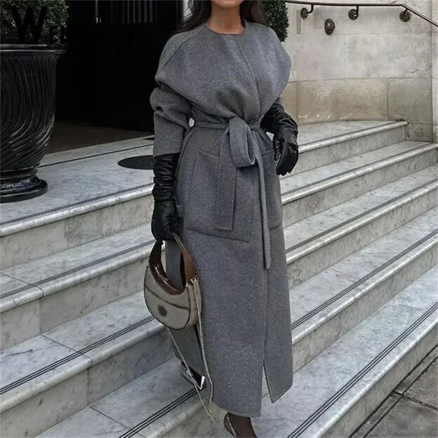 2024 Autumn Winter Women Elegant Lace-up Wool Blends Long Coats