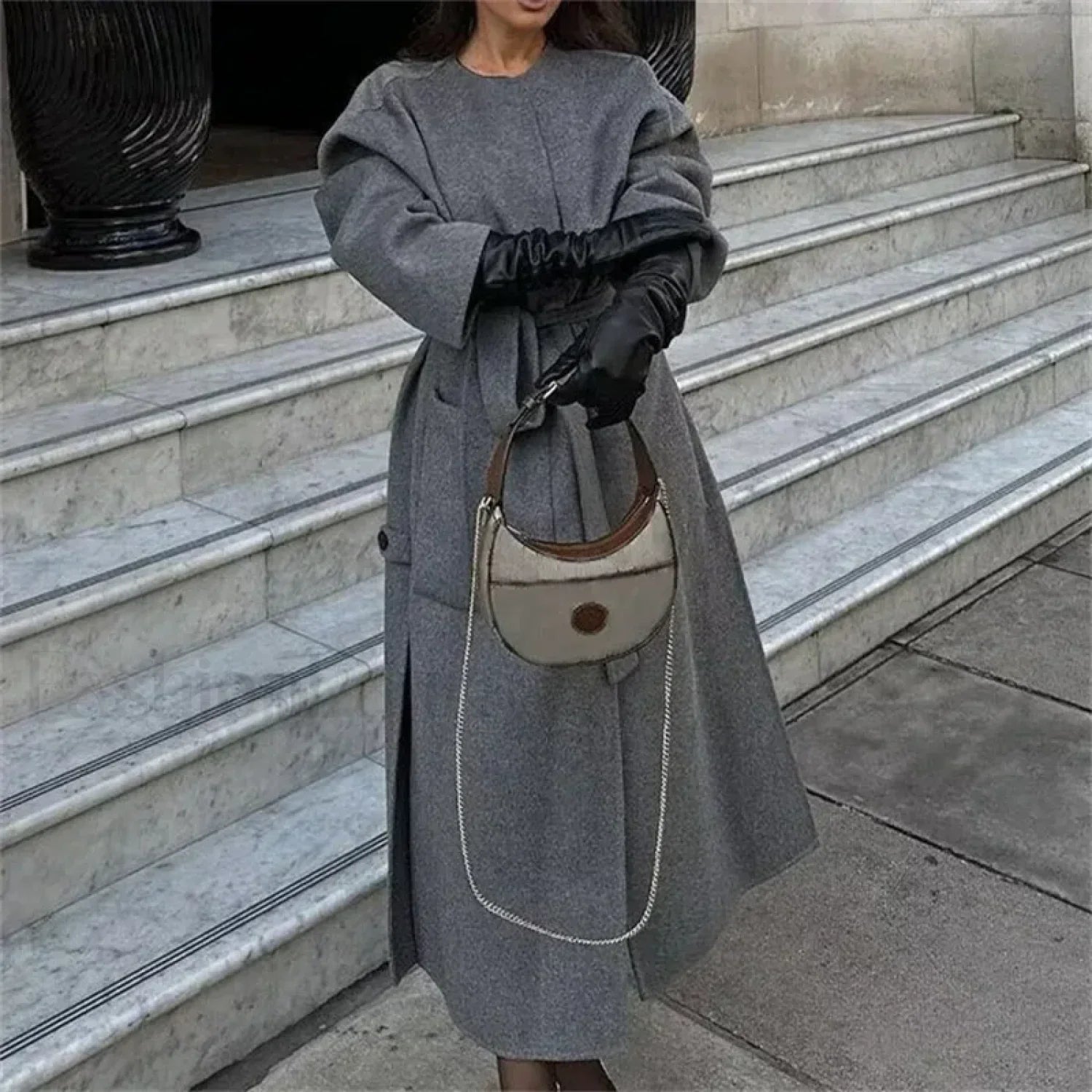 2024 Autumn Winter Women Elegant Lace-up Wool Blends Long Coats