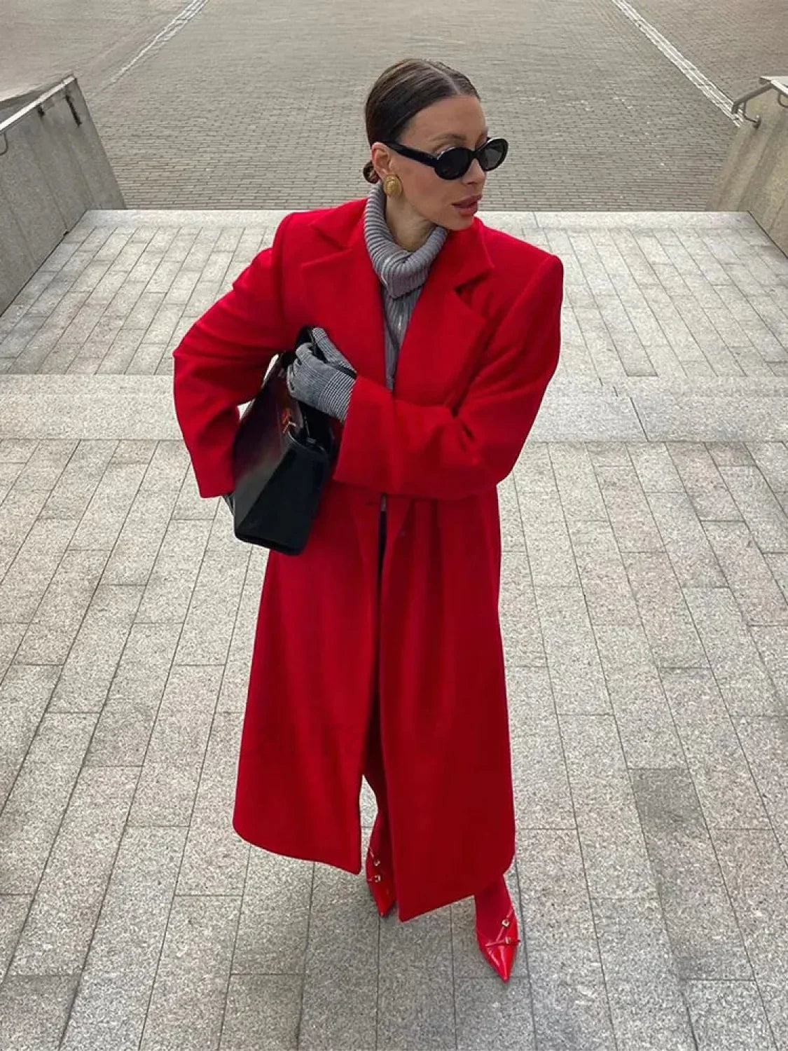2024 New Red Lapel Woolen Overcoats For Women