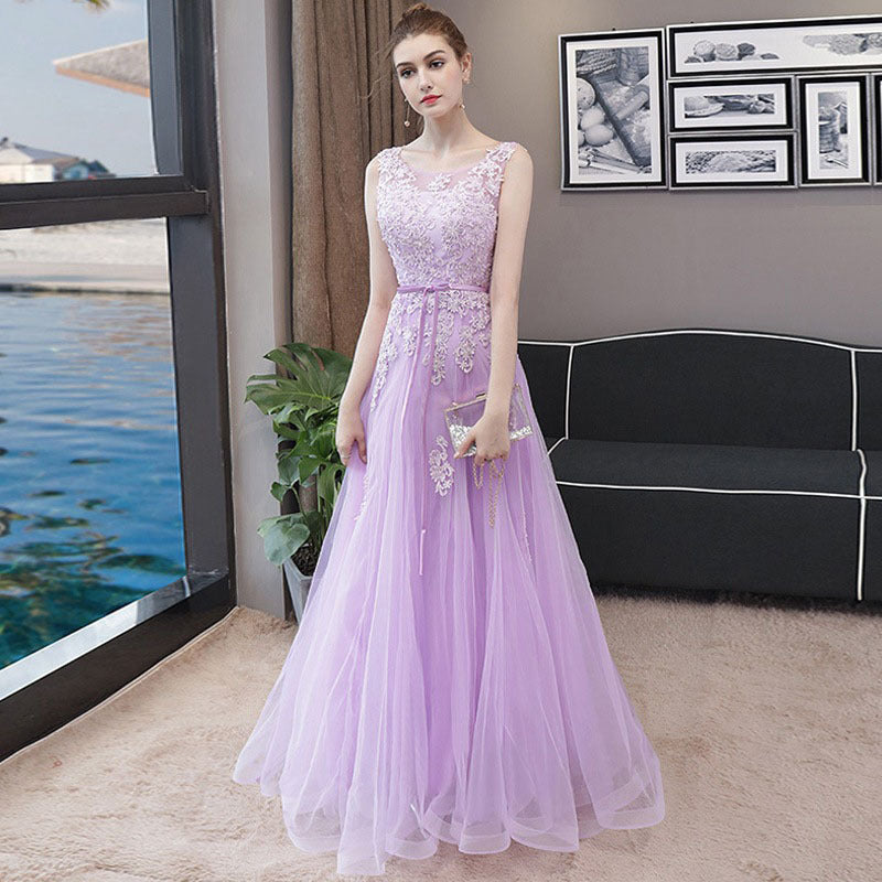 Lace Illusion Neckline Sleeveless Ribbon Bow Waist Tulle A-Line Maxi Evening Gown