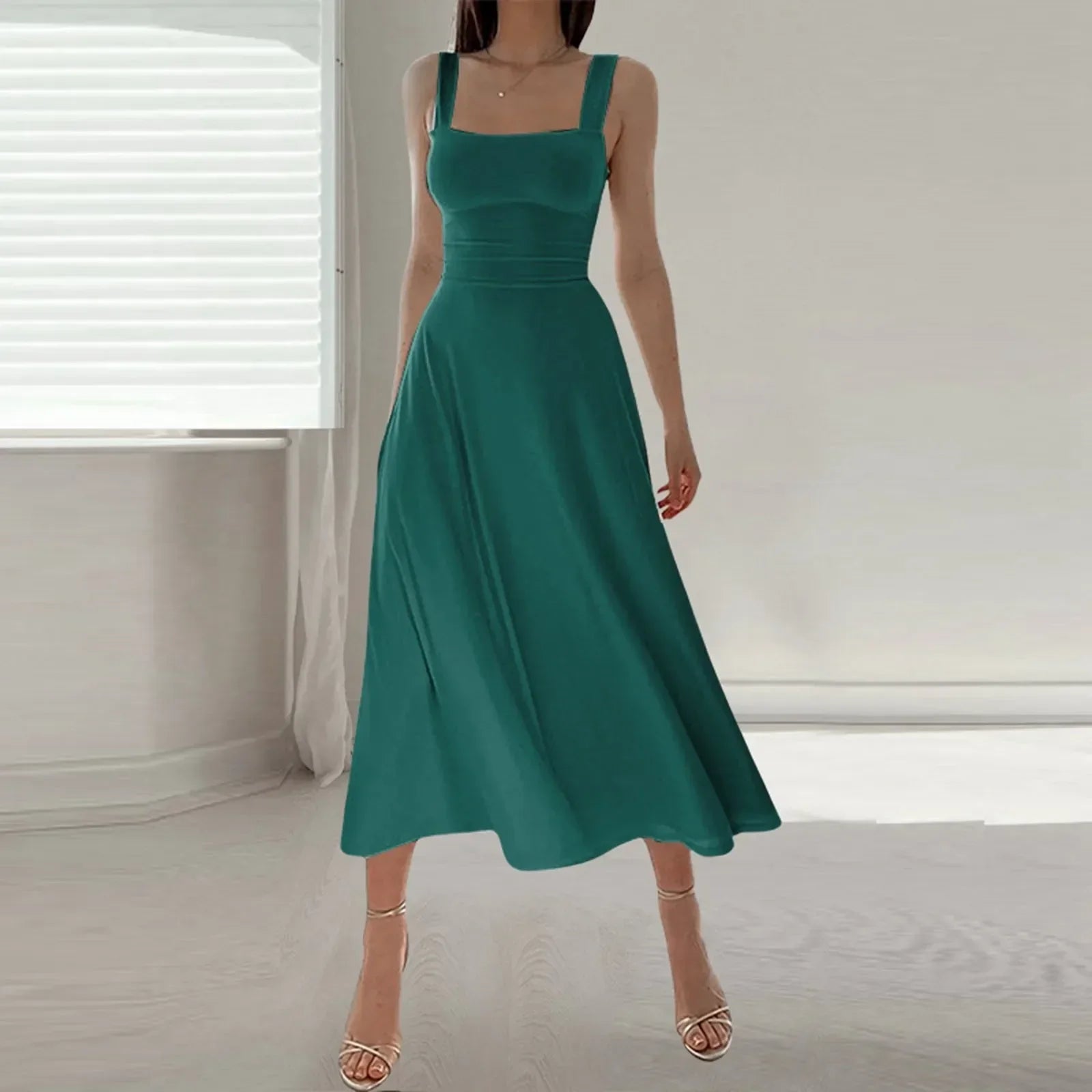 Square Neck Wide Strap Fitted Bodice A-Line Midi Dress