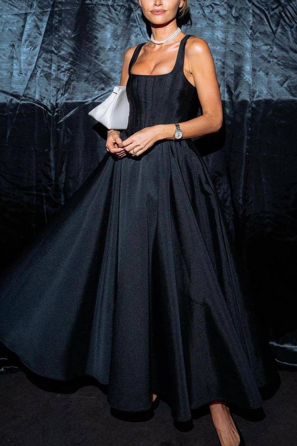 Square Neck Corset Bodice Pleated A-Line Midi Dress